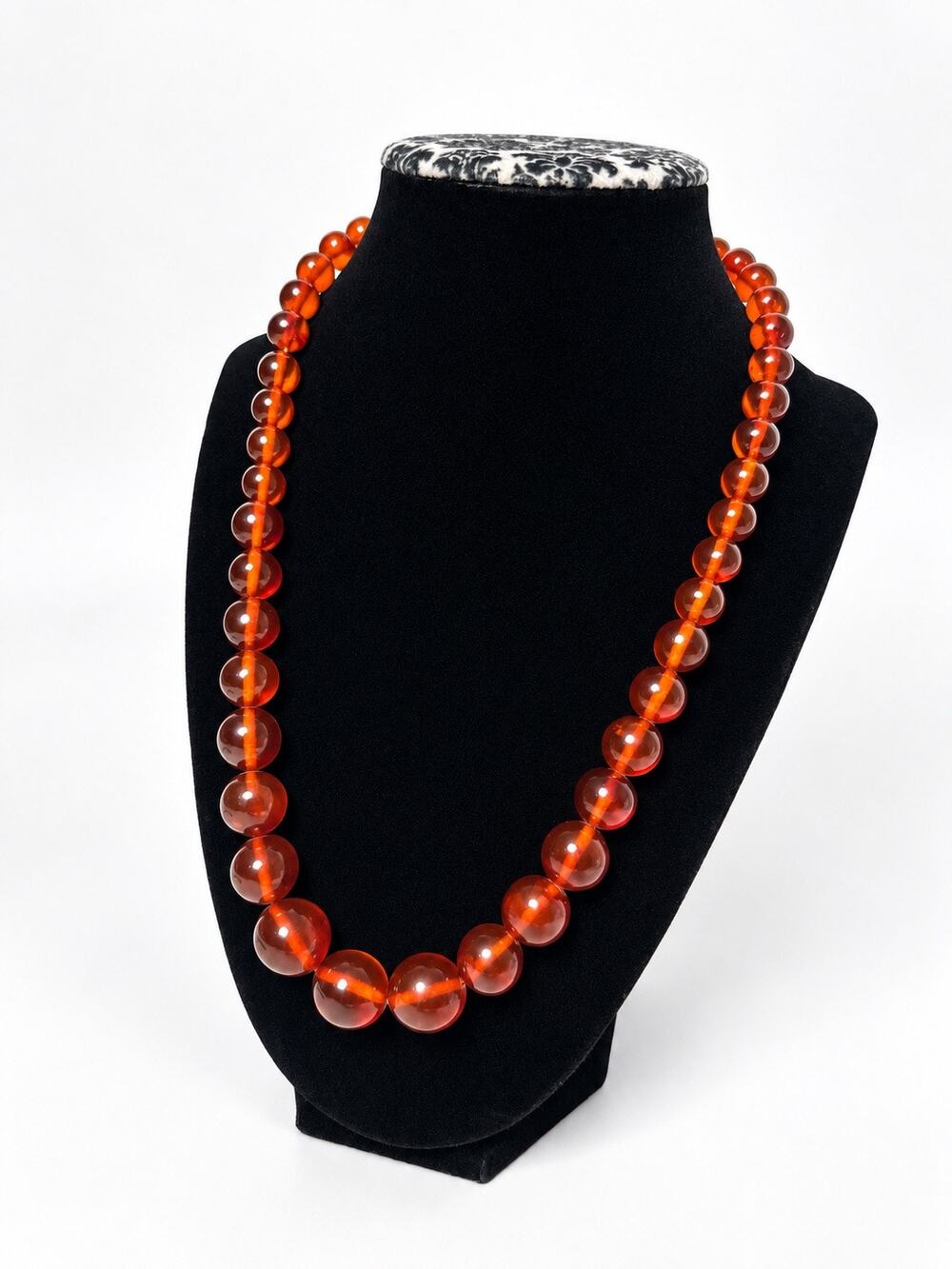 Vintage Amber Lucite Beaded Necklace Graduated Round Brown Womens Retro Jewelry